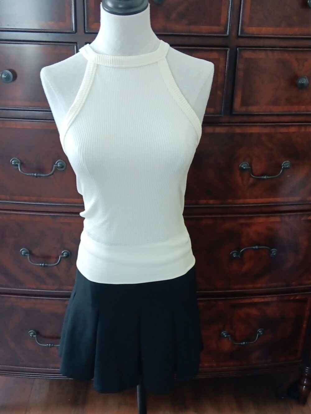Petite Women Ribbed Halter Tank Top in Cream - Picture 6 of 6